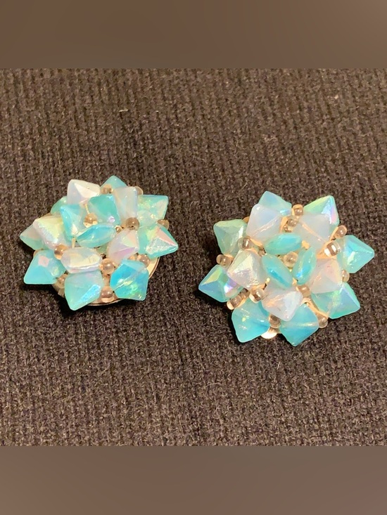 Jewelry - VTG Opalescent Aqua Cluster Clip Earrings Vintage Costume W Germany